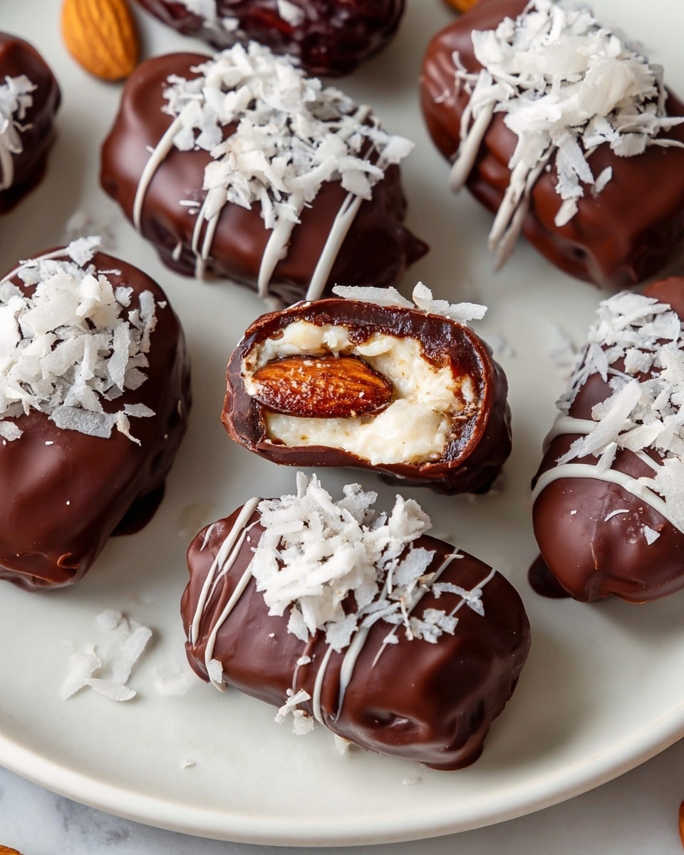 White round plate filled with a variety of whole stuffed dates, some covered entirely in smooth dark chocolate sprinkled with shredded coconut, others partially drizzled with chocolate revealing creamy white filling and whole almonds inside, scattered whole almonds around the plate for decoration, photographed from above on a white marble countertop with natural lighting, styled as a professional food magazine hero shot, photo taken with an iphone --ar 4:5 --v 7