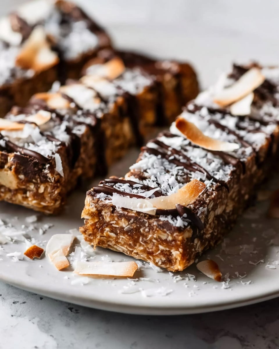 A white rectangular plate filled with an entire batch of homemade granola bars, each bar thick and textured with oats, nuts, and coconut flakes, all neatly aligned in rows and topped with drizzled dark chocolate and a generous sprinkle of toasted coconut shards, presented as a complete whole set on a clean white marble surface with natural light enhancing the golden browns and creamy white coconut, professional 3/4 angle food photography, photo taken with an iphone --ar 4:5 --v 7
