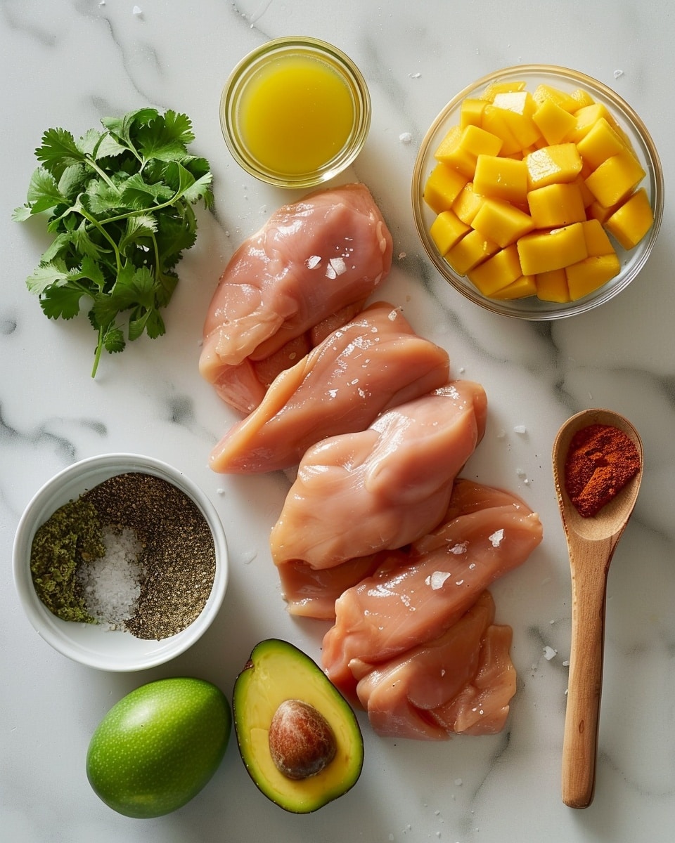Single white bowl plated with one portion of grilled seasoned chicken topped generously with vibrant mango avocado salsa, featuring bright yellow mango chunks and creamy green avocado pieces, accompanied by a side of fluffy white rice, garnished with fresh lime wedges in the background, close-up view highlighting the textures and charred details of the chicken, natural lighting on white marble surface, styled like a food blog serving photo taken with an iphone --ar 4:5 --v 7