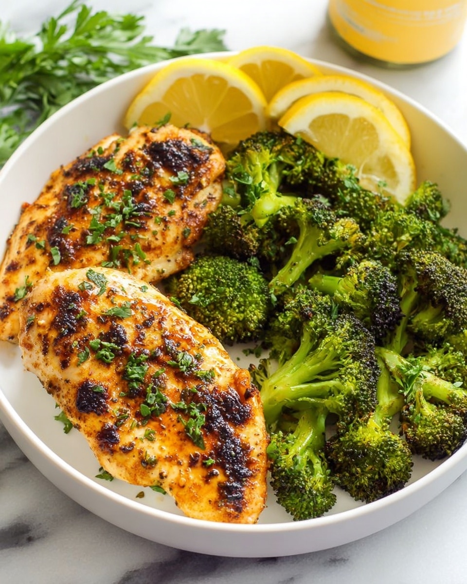 Large white skillet filled with whole tender, golden grilled chicken pieces nestled among vibrant, lightly charred broccoli florets, garnished with bright lemon wedges and fresh chopped parsley, arranged beautifully as a complete dish, all set on a clean white marble countertop under natural lighting, professional 3/4 angle food magazine style photo taken with an iphone --ar 4:5 --v 7