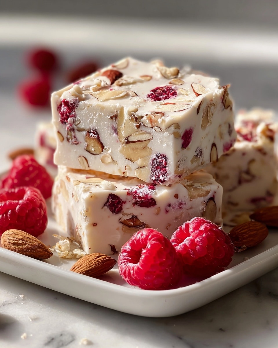 Large white rectangular pan filled with a full batch of white nougat studded with whole almonds, crushed nuts, and vibrant red raspberries throughout, the nougat perfectly smooth and dense with scattered berries enhancing the texture and color, shot from a 3/4 angle showing the full uncut nougat block on a white marble countertop under natural light, styled as a hero food magazine shot, photo taken with an iphone --ar 4:5 --v 7