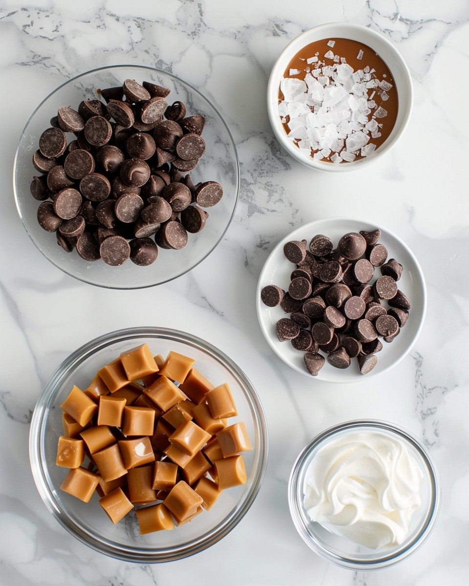 Single white paper cup holding one rich chocolate truffle with a bite taken out, revealing a smooth, creamy chocolate caramel interior, close-up view highlighting the glossy chocolate coating with delicate drizzled lines on top, a sprinkle of flaky sea salt crystals adding texture and contrast, placed on a white marble surface alongside a few small caramel cubes, intimate styled serving photo taken with an iphone --ar 4:5 --v 7