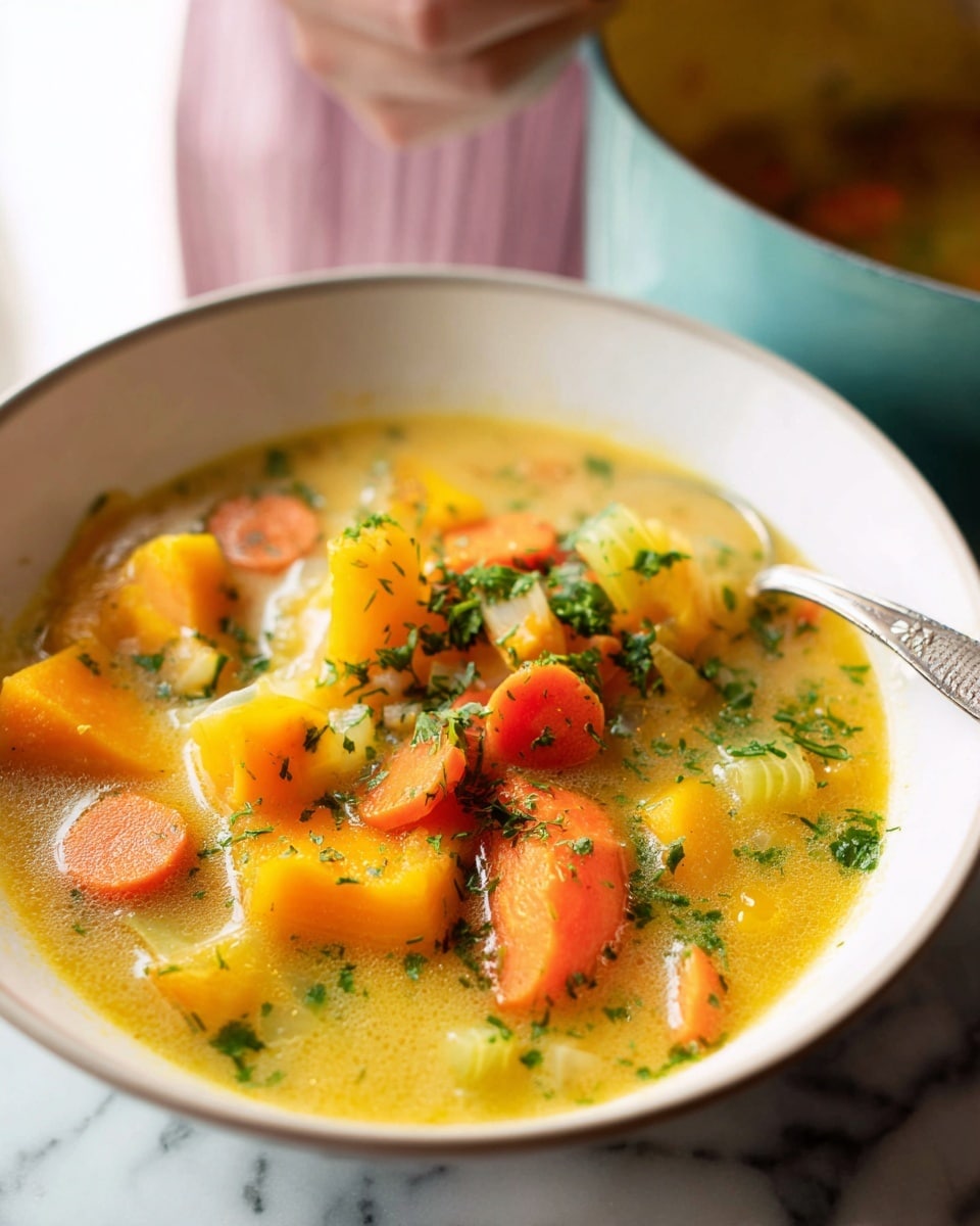 Large white bowl filled with vibrant pumpkin and carrot curry soup, showcasing tender chunks of bright orange pumpkin, sliced carrots, celery pieces, and flecks of fresh parsley in a rich, creamy golden broth, surrounded by a rustic wooden table with fresh parsley sprigs on the side, entire dish captured from a 3/4 angle on a white marble background with natural lighting, professional food magazine hero shot photo taken with an iphone --ar 4:5 --v 7