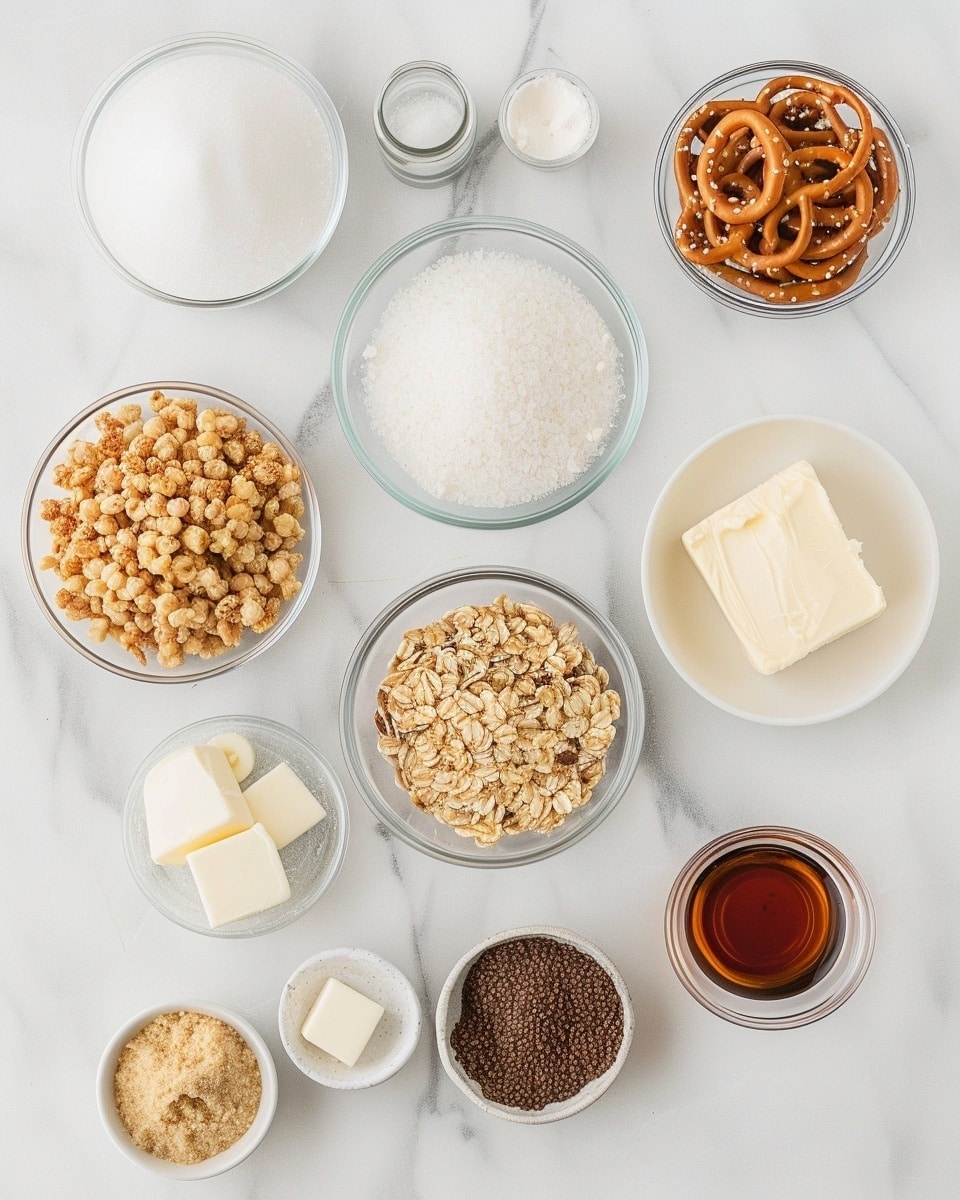 Single white bowl showcasing a close-up portion of a crunchy layered snack mix featuring golden, crispy waffle cereal pieces thoroughly coated in a glossy caramel glaze, interspersed with chunks of smooth milk chocolate, emphasizing the caramel's sticky texture and the cereal's crisp grid pattern, all presented on a white marble surface with natural lighting, styled as a ready-to-eat individual serving, photo taken with an iphone --ar 4:5 --v 7