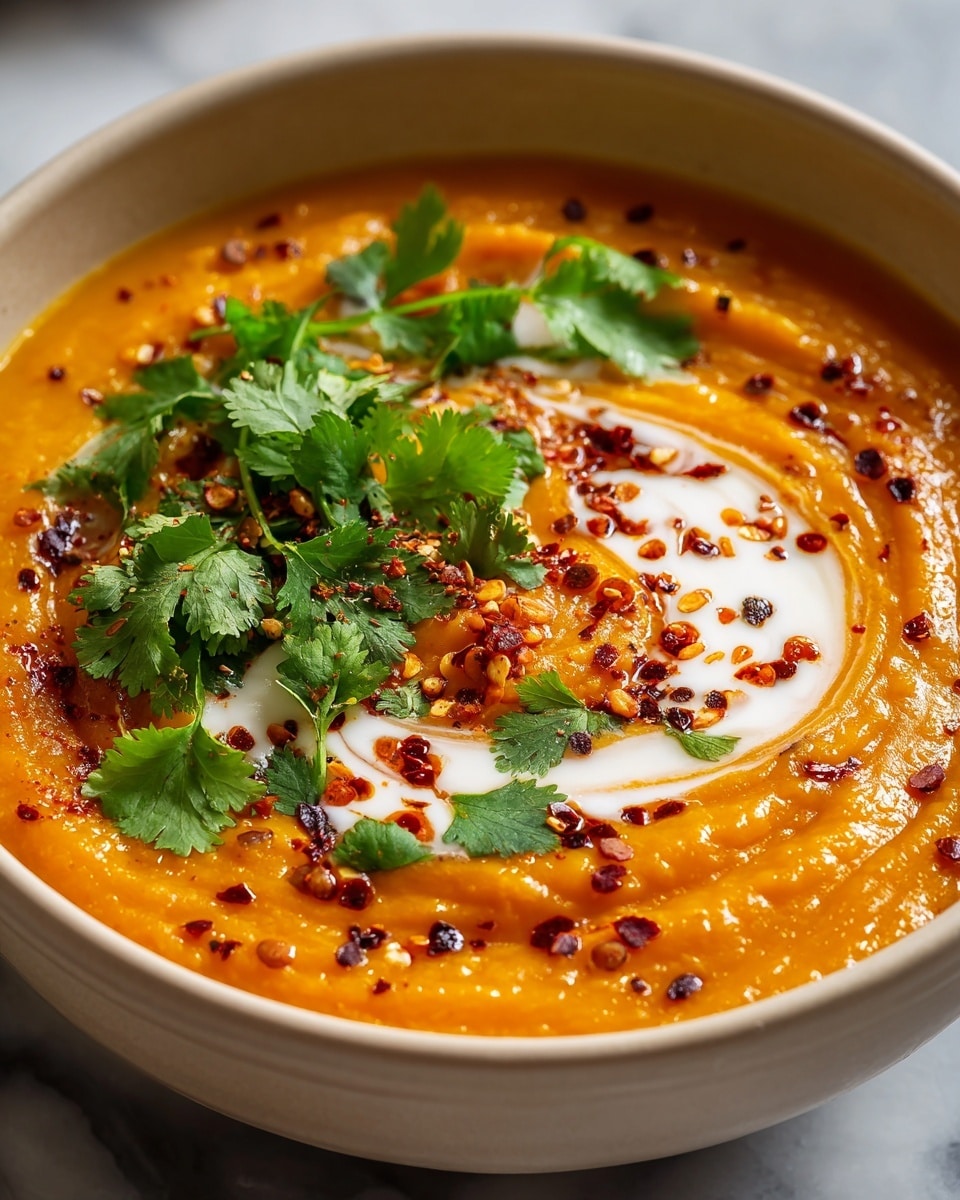 Large white bowl filled with vibrant orange lentil soup, garnished with a generous sprinkle of crushed red pepper flakes, whole black peppercorns, and fresh cilantro leaves, the surface shimmering with a hint of olive oil, all captured in a professional 3/4 angle shot on a white marble countertop, bathed in natural lighting, styled for a food magazine hero image, photo taken with an iphone --ar 4:5 --v 7