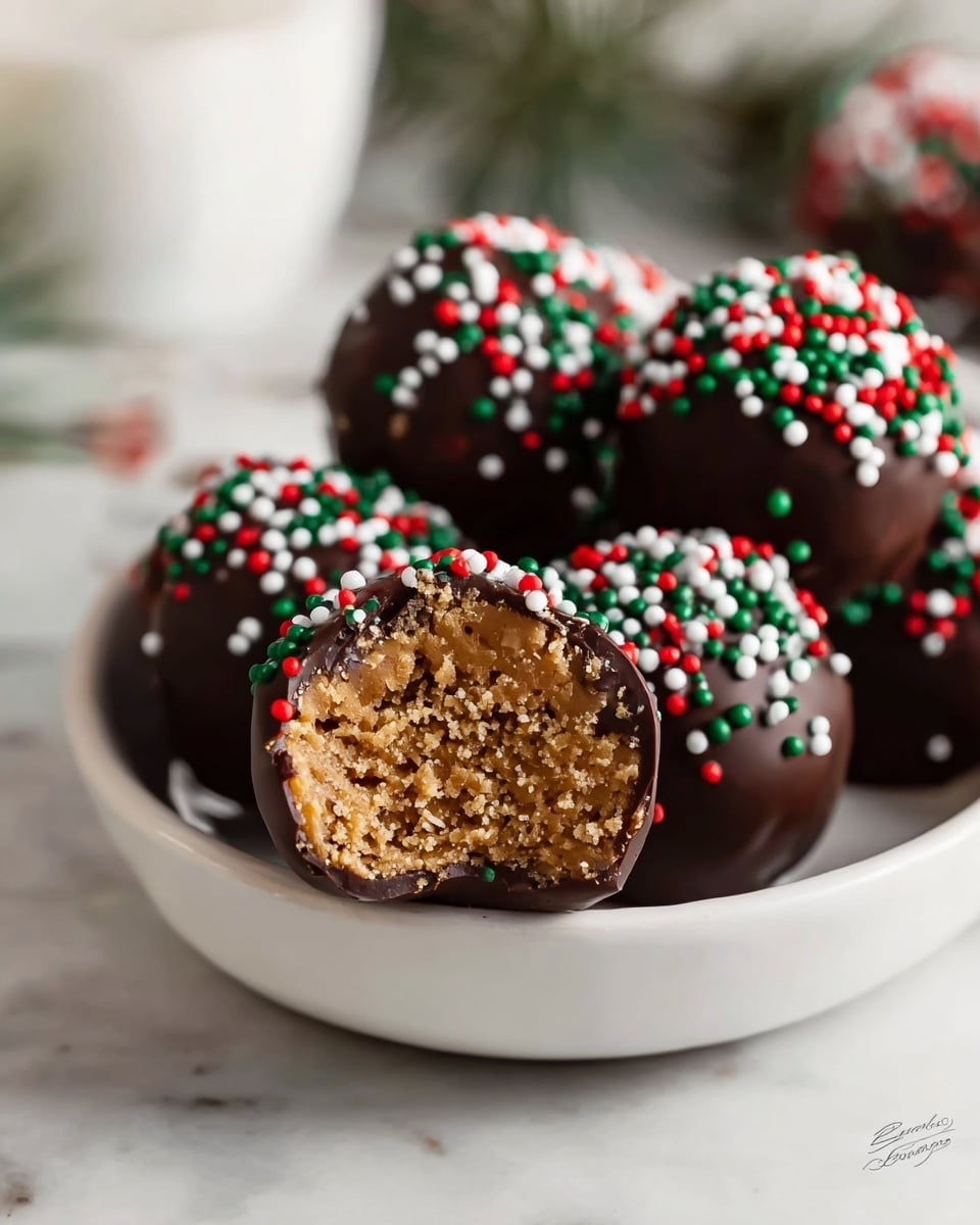White bowl filled with a generous pile of whole chocolate-covered peanut butter balls, each evenly coated with a smooth dark chocolate shell and topped with festive red, green, and white sprinkles, one of the balls showing a complete cross-section to reveal the creamy peanut butter filling inside, a clear glass jar filled with matching sprinkles nearby, all placed on a white marble countertop accented with fresh pine branches, natural lighting highlighting the shiny chocolate glaze, professional food styling photo taken with an iphone --ar 4:5 --v 7