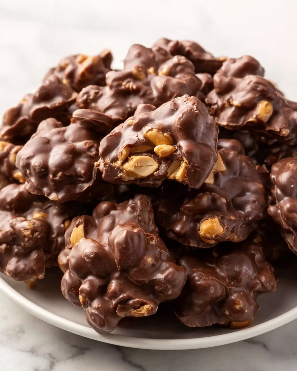 A large white ceramic bowl filled with a generous portion of rich chocolate peanut clusters, each cluster generously coated in smooth, glossy dark chocolate with visible whole peanuts embedded throughout, showcasing the texture and crunch, all arranged together as a full serving on a pristine white marble surface, illuminated by natural light highlighting the shiny chocolate and nutty interior. Professional food magazine style hero shot, photo taken with an iphone --ar 4:5 --v 7