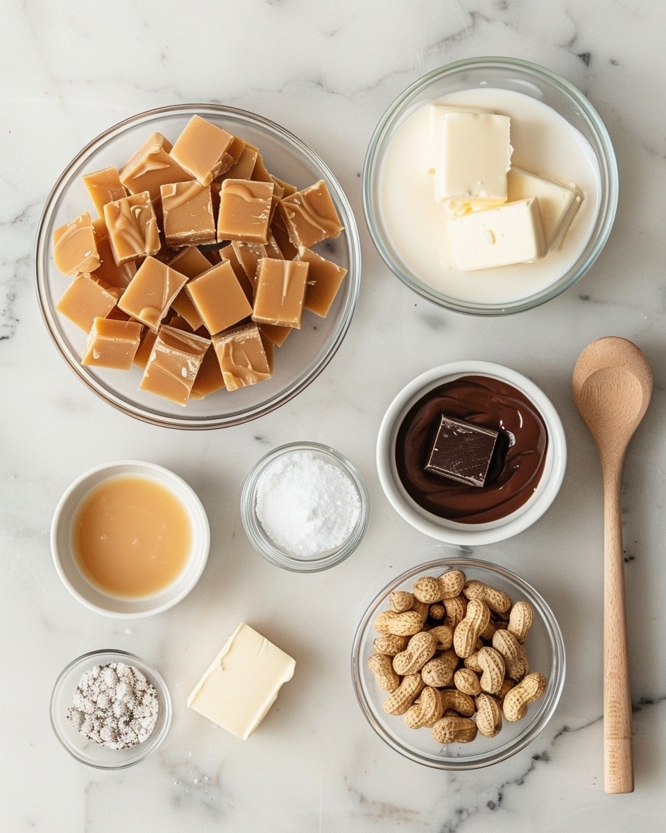 Single white cupcake liner holding one portion of chocolate peanut cluster candy with the top half removed to reveal whole roasted peanuts coated in glossy dark chocolate and scattered with flaky sea salt, close-up angled shot emphasizing the rich nutty interior texture and smooth chocolate shell, surrounded by whole peanuts and caramel pieces for a natural setting, plated on white marble surface with natural lighting, styled food blog photo taken with an iphone --ar 4:5 --v 7