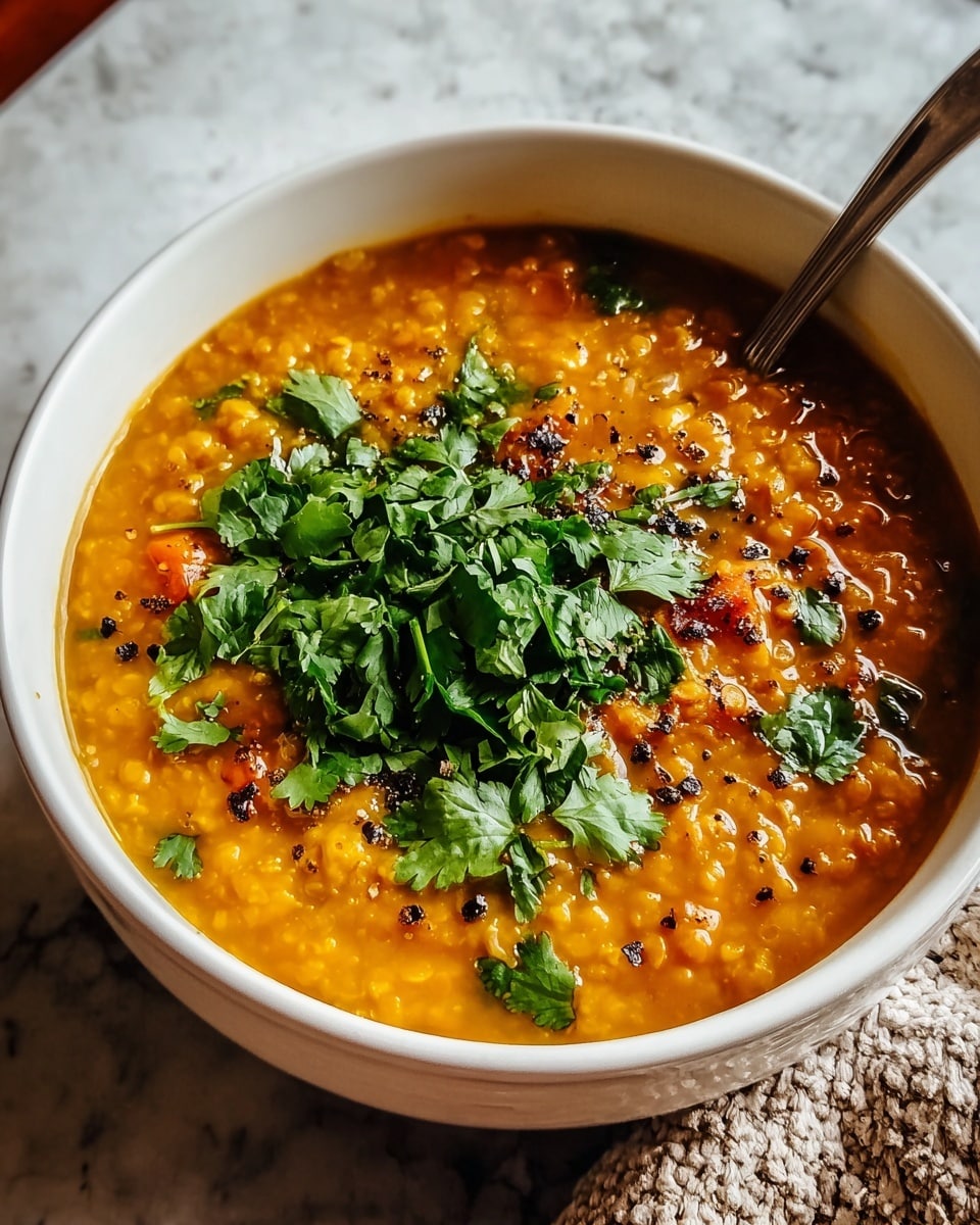 Large white serving bowl filled with vibrant lentil soup, showcasing a rich orange broth speckled with herbs and spices, topped generously with fresh green cilantro leaves and a sprinkle of cracked black pepper, whole dish captured from a 3/4 angle on a pristine white marble countertop, bathed in natural light, styled as a professional food magazine hero shot, photo taken with an iphone --ar 4:5 --v 7