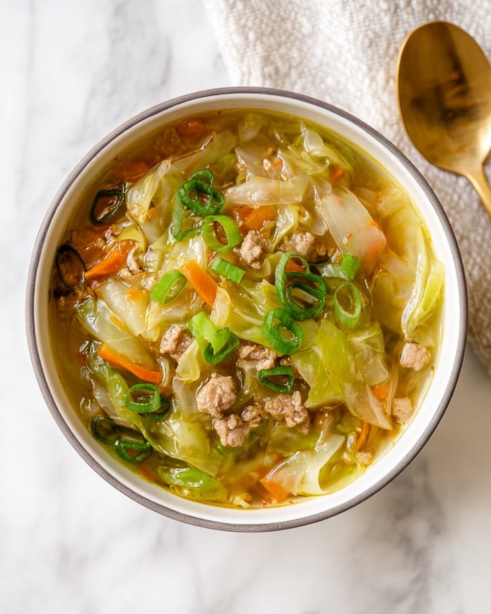 White enameled cast iron pot filled with a large hearty cabbage and minced meat soup, rich golden broth visible with shredded cabbage, minced meat, sliced green onions, and finely chopped carrots, resting on a clean white marble surface with a wooden utensil inside the pot, accompanied by a small white bowl of chili sauce and a stack of white bowls nearby, natural daylight illuminating an inviting, wholesome homemade meal, professional overhead food magazine style photo taken with an iphone --ar 4:5 --v 7