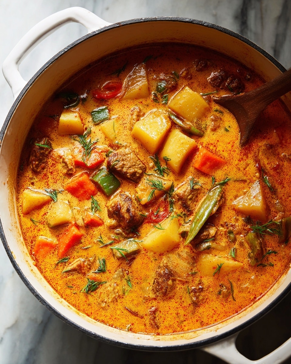 Large white pot filled with a rich, creamy orange curry stew brimming with chunky pieces of tender potatoes, carrots, green bell peppers, and succulent browned meat, garnished with fresh herbs, captured from a 3/4 angle showing the entire whole dish on a white marble countertop with natural lighting, professional food magazine style photo taken with an iphone --ar 4:5 --v 7