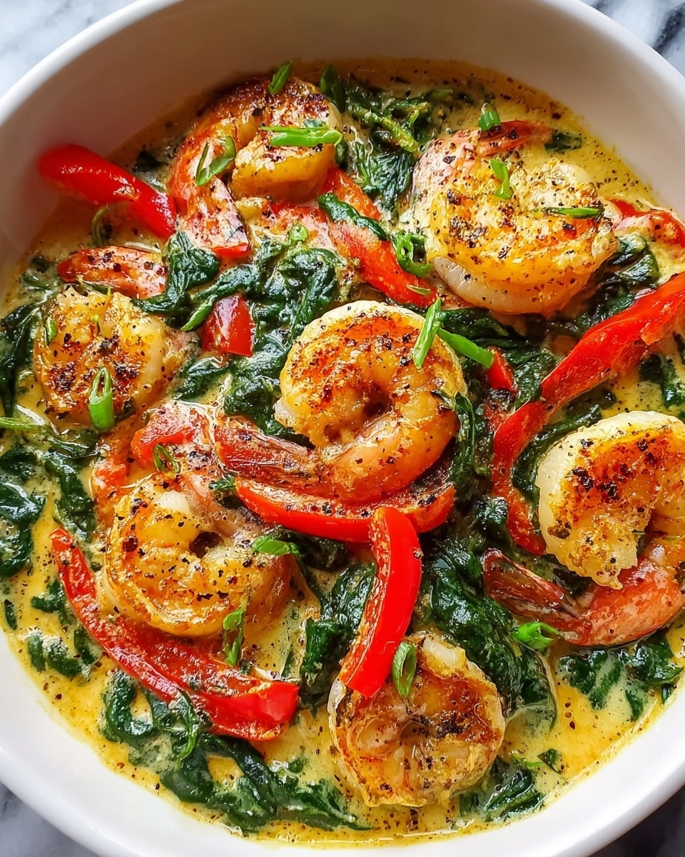 Large white serving bowl filled with creamy shrimp curry featuring whole plump shrimp with tails on, vibrant red bell pepper strips, and fresh spinach leaves in a rich, golden coconut-based sauce, garnished with a sprinkle of black pepper, whole dish captured from a professional 3/4 angle shot on a white marble countertop, bathed in natural lighting, styled like a hero food magazine photograph, photo taken with an iphone --ar 4:5 --v 7