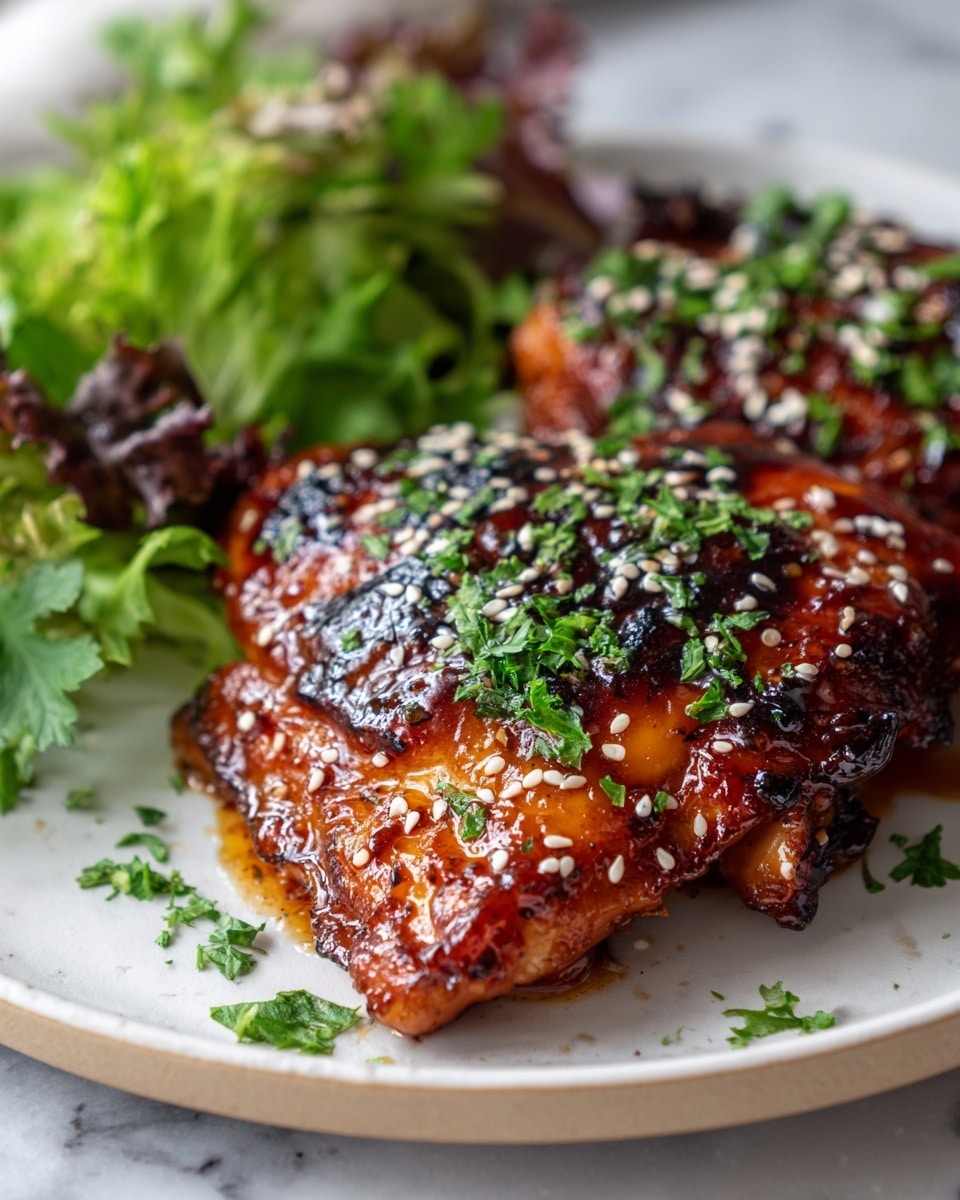 Large white serving platter showcasing several glazed grilled chicken pieces coated in a shiny, rich teriyaki sauce, sprinkled generously with toasted sesame seeds and finely chopped fresh parsley, arranged alongside a colorful bed of fresh mixed leafy greens, all captured in a professional 3/4 angle shot on a white marble countertop with natural lighting, highlighting the entire dish as a tempting hero food magazine style photo taken with an iphone --ar 4:5 --v 7