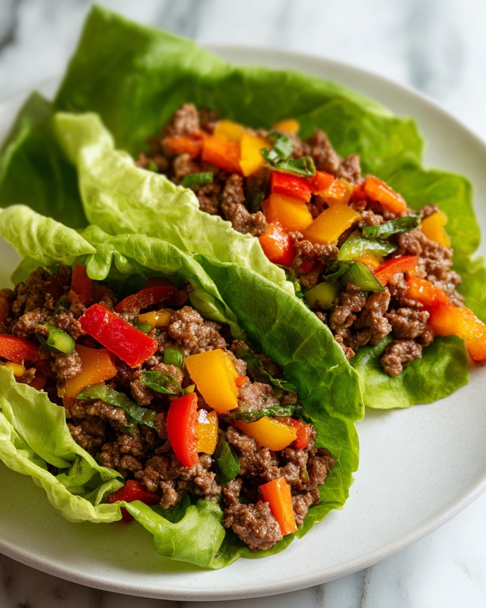 A large white serving platter holding a full arrangement of fresh, crisp green lettuce leaves each generously filled with seasoned ground beef mixed with vibrant, colorful diced bell peppers in red, yellow, and green hues, presented as an abundant and neatly arranged cluster of lettuce wraps. The platter is set on a white marble countertop, captured in natural lighting from a professional 3/4 angle that emphasizes the freshness and texture, styled like a hero shot from a food magazine, photo taken with an iphone --ar 4:5 --v 7