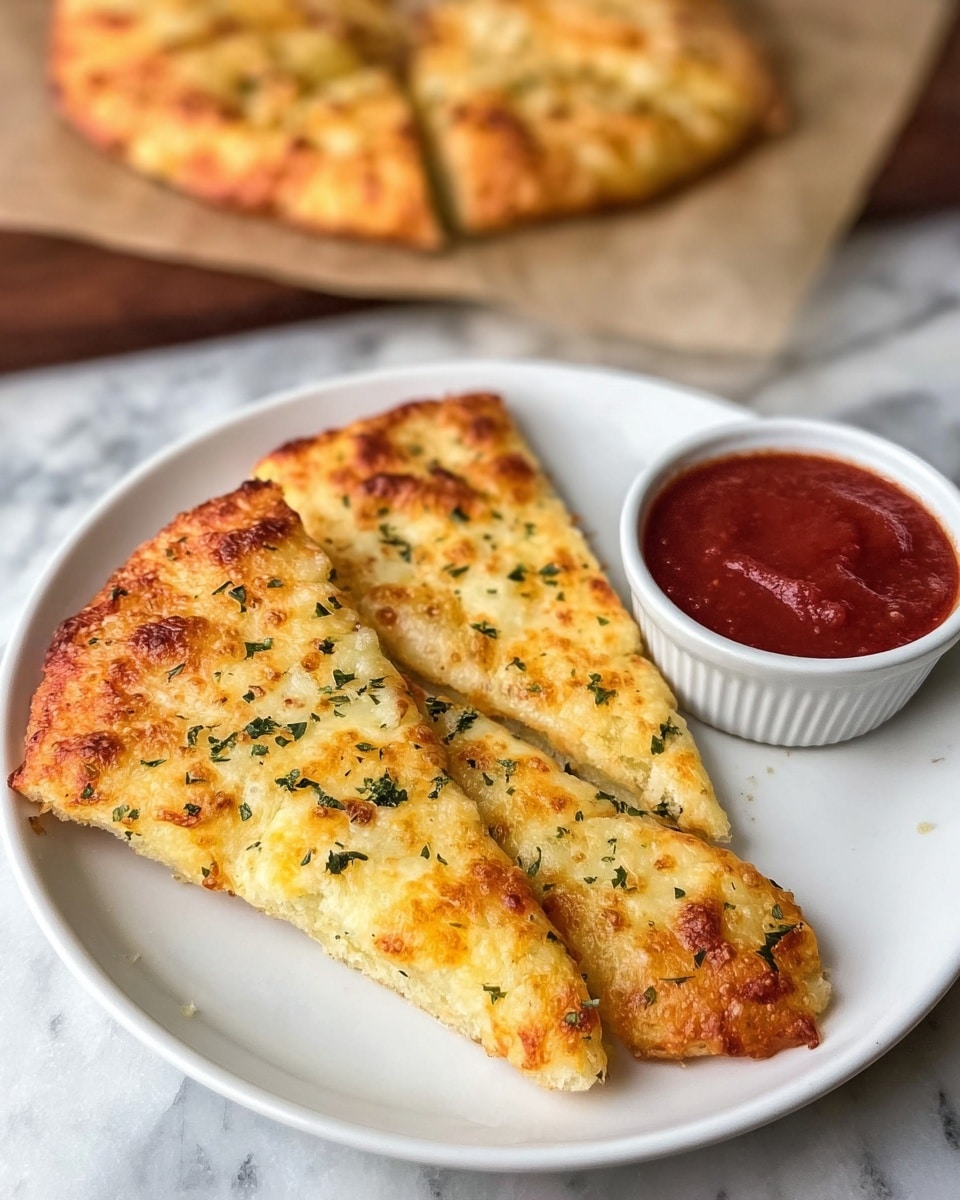 Whole uncut golden-brown cheese garlic pizza on white parchment paper, showing a perfectly baked crust with bubbling melted cheese topped with sprinkled fresh parsley flakes, accompanied by a white bowl filled with rich marinara sauce, styled in a professional 3/4 angle shot on a white marble background with natural lighting, hero shot reminiscent of a high-end food magazine cover photo taken with an iphone --ar 4:5 --v 7
