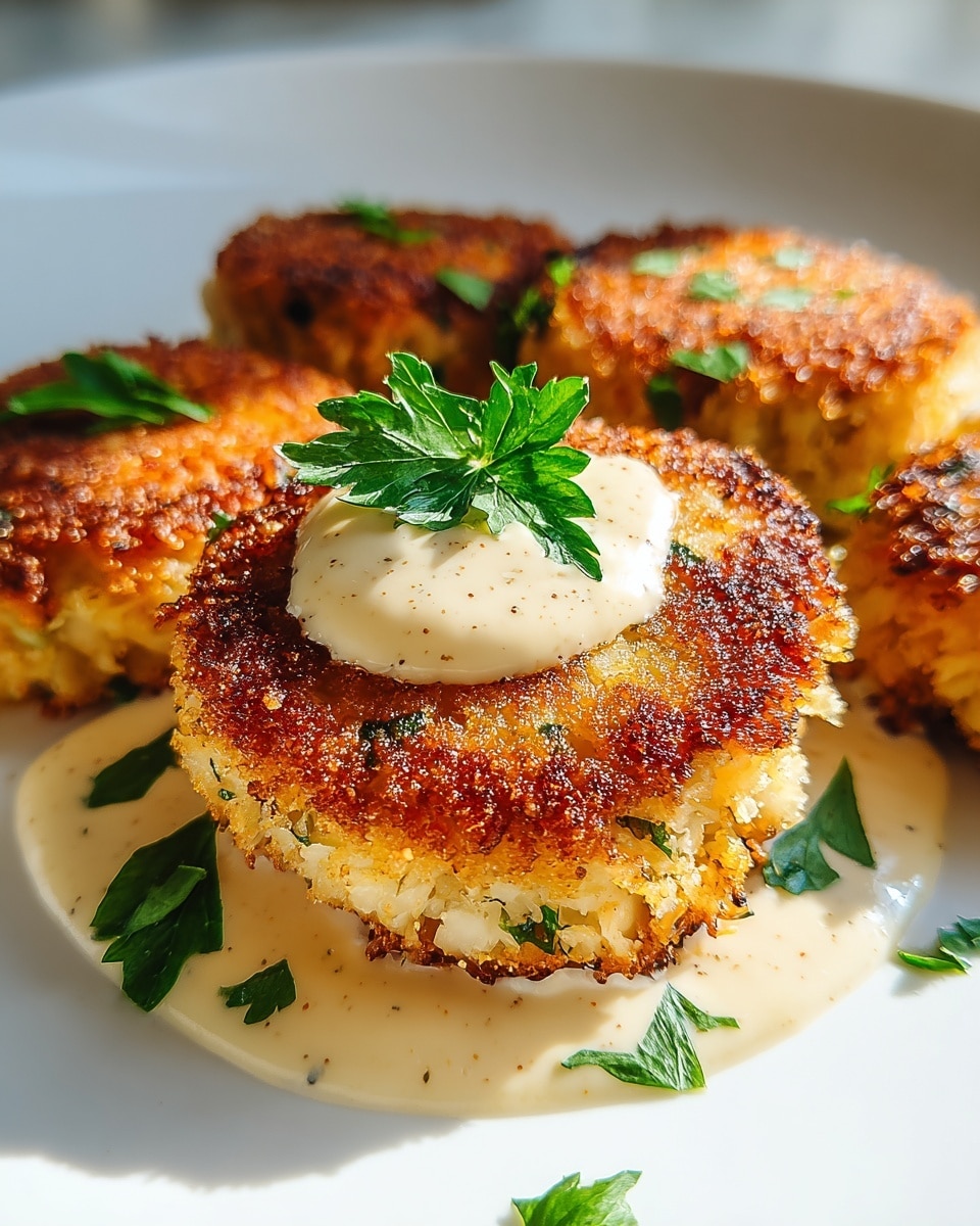 Large white serving platter filled with a complete arrangement of golden-brown crab cakes, each perfectly crispy on the outside and sprinkled with fresh chopped parsley, encircling a white ramekin of creamy dipping sauce garnished with more parsley, accompanied by lemon wedges on the side, all presented on a white marble countertop under natural light, captured from a professional 3/4 angle food magazine style photo taken with an iphone --ar 4:5 --v 7