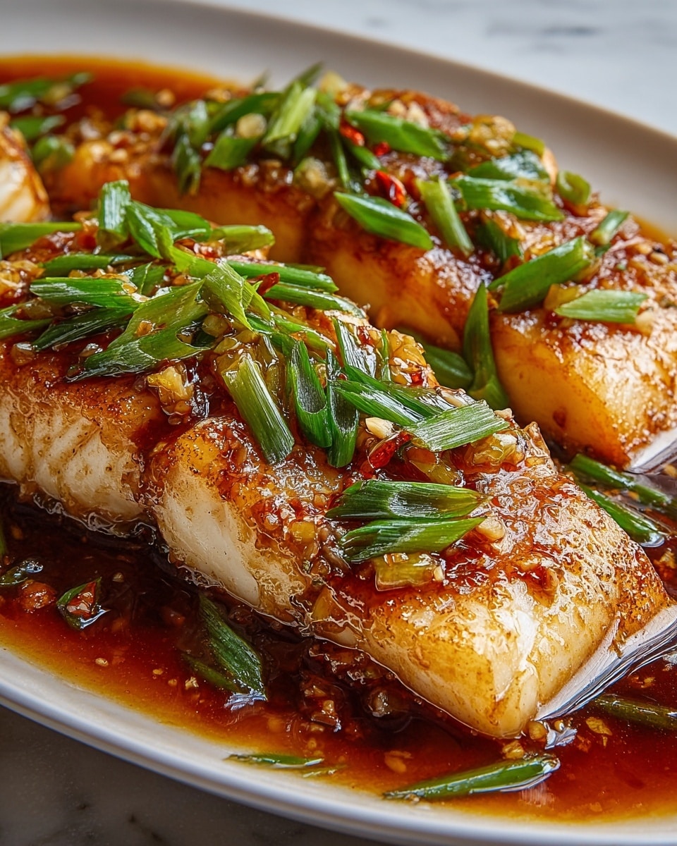 Large white serving platter featuring a whole arrangement of perfectly seared fish fillets with a golden-brown crust, generously glazed in a rich soy-based sauce with finely chopped garlic and vibrant green scallions scattered on top and around the fillets, capturing the full portion in a professional 3/4 angle shot on a white marble countertop with natural lighting, styled like a hero shot from a food magazine, photo taken with an iphone --ar 4:5 --v 7