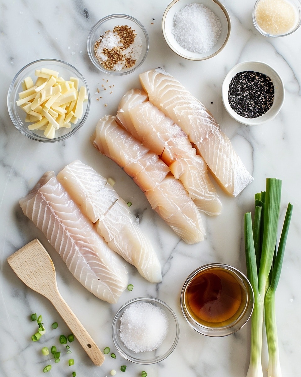 Single white plate with a perfectly seared portion of white fish fillet, showcasing a golden brown crust with a tender flaky interior visible along the edges, topped with sautéed chopped green onions and translucent cooked garlic pieces, glistening with a rich buttery sauce pooling gently around the fish, angled close-up revealing the moist texture and savory glaze, vibrant green garnish contrasting the warm hues, set on a white marble background under natural light, styled like a gourmet food blog photo taken with an iphone --ar 4:5 --v 7
