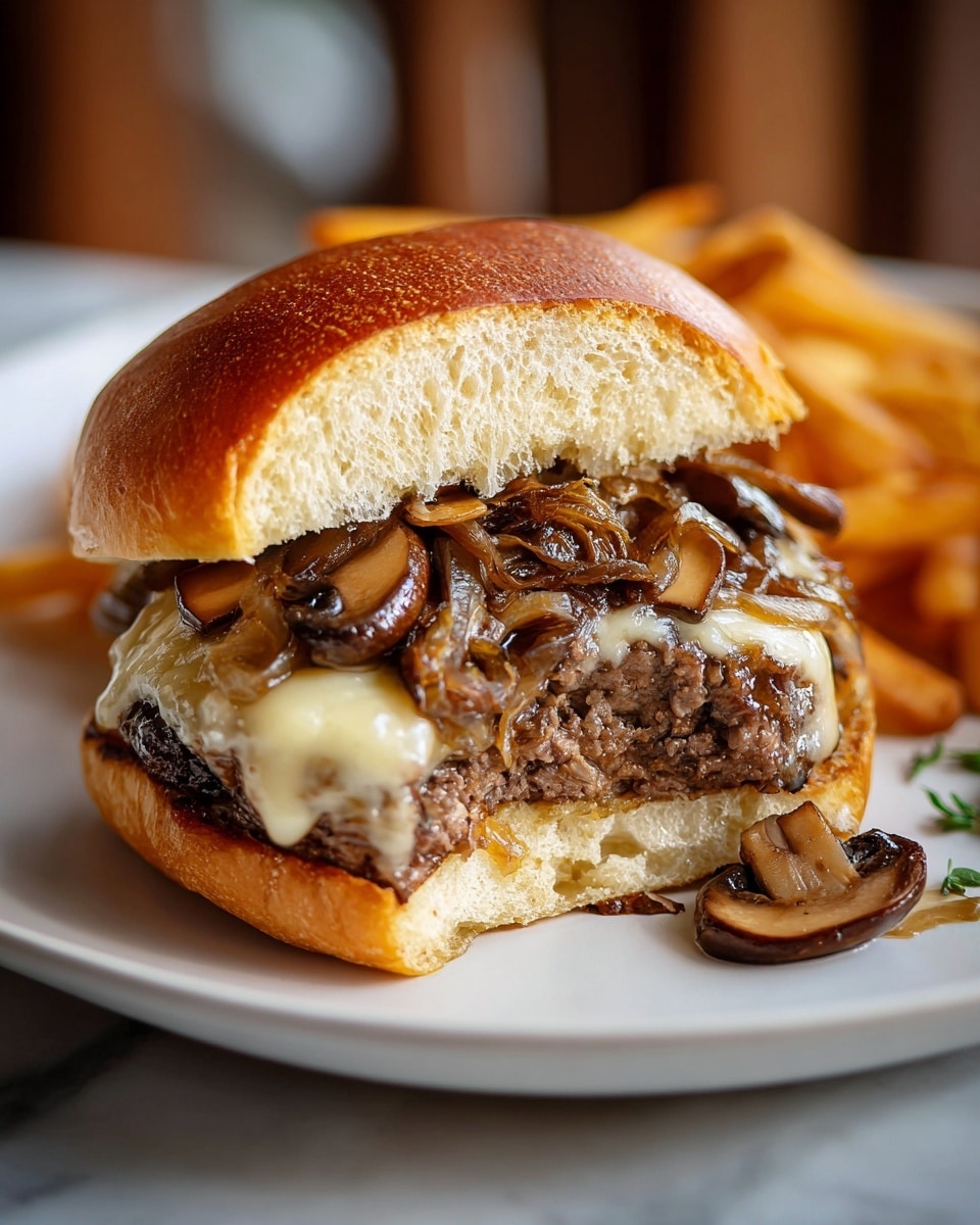 Two large white plates each with a perfectly assembled mushroom Swiss burger featuring toasted golden brioche buns, melted Swiss cheese draping over juicy beef patties, and a generous topping of sautéed mushrooms, all arranged side by side on a white marble countertop. The background includes a white bowl filled with crispy golden fries to complete the meal presentation. Shot at a 3/4 angle with natural lighting, styled like a hero food magazine photo taken with an iphone --ar 4:5 --v 7