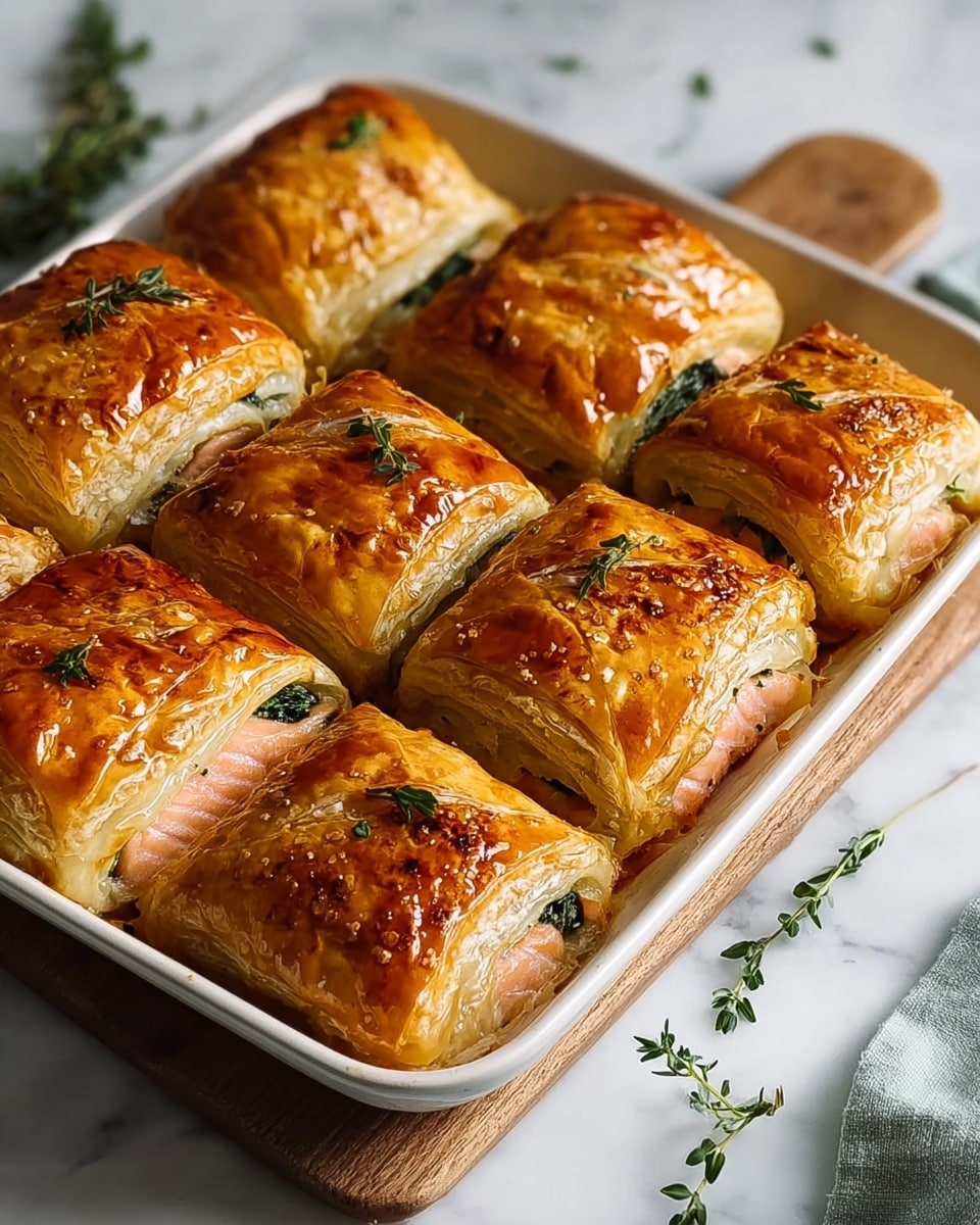 Large white baking dish filled with multiple golden-brown salmon en croûte pastries, each wrapped in flaky puff pastry with visible layers and a glossy finish, garnished with sprigs of fresh thyme, arranged neatly on a white marble countertop with natural lighting, capturing the entire dish from a 3/4 angle, styled like a high-end food magazine hero shot, photo taken with an iphone --ar 4:5 --v 7