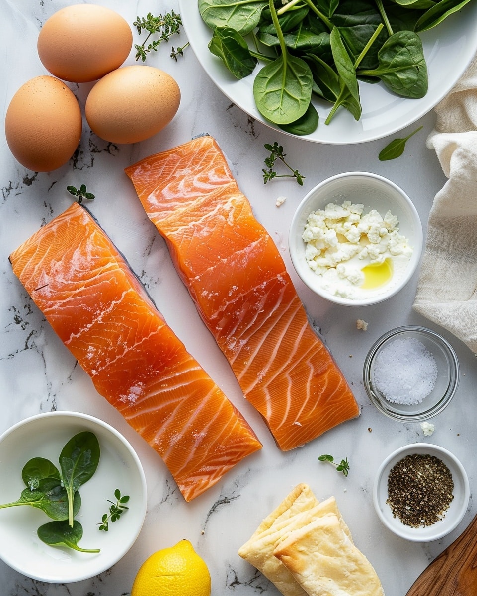 Single white plate serving featuring one golden-brown salmon Wellington slice, showcasing flaky puff pastry layers enveloping tender, pink salmon and vibrant spinach filling, cross-section view highlighting the moist interior textures, garnished with a small sprig of fresh thyme on top, natural daylight casting soft shadows on a white marble surface, intimate styled food blog presentation, photo taken with an iphone --ar 4:5 --v 7