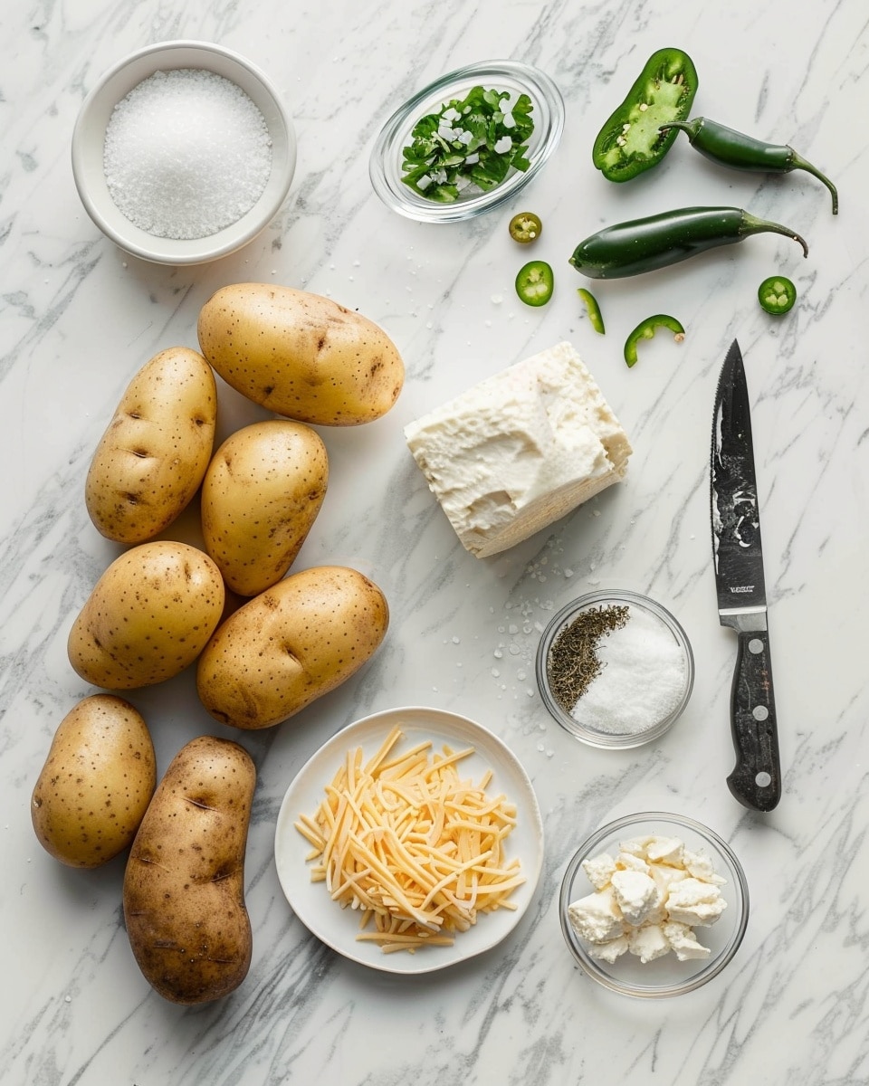 Single white plate holding one stuffed baked potato half, filled generously with creamy mashed potato mixed with finely chopped green onions and bits of crispy bacon, topped with melted cheddar cheese that cascades slightly over the edge, close-up angled shot revealing the coarse, salt-sprinkled potato skin texture, garnished with fresh chives, all placed on a clean white marble surface, natural lighting highlighting the rich colors and layers of ingredients, intimate plated serving photo taken with an iphone --ar 4:5 --v 7