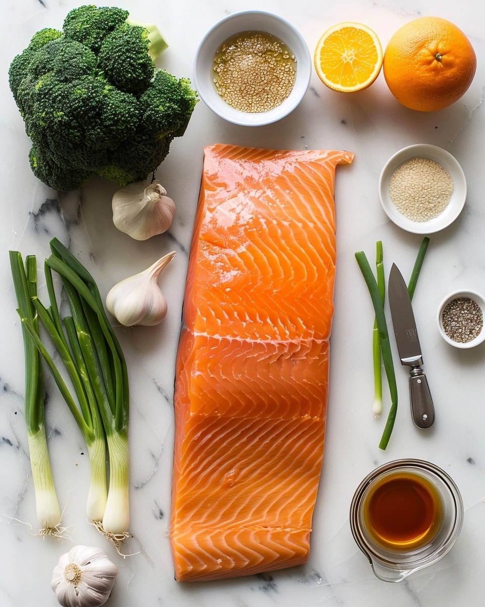 Single white plate with one perfectly cooked portion of glazed salmon topped with toasted sesame seeds and sliced green onions, showing the flaky, tender interior texture where small pieces have been separated, accompanied by a side of vibrant roasted broccoli florets, natural lighting highlights the glossy sauce pooling slightly on the plate, angled close-up view emphasizing the layers and moistness of the fish, set on white marble background, styled like an elegant food blog serving, photo taken with an iphone --ar 4:5 --v 7