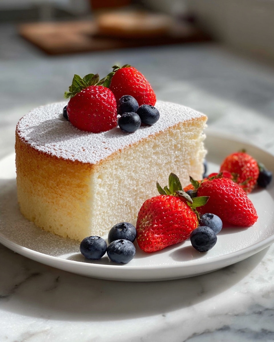 Whole, uncut fluffy Japanese cheesecake presented on a large white plate, delicately dusted with powdered sugar and topped with fresh ripe strawberries and sprigs of mint, accompanied by a vibrant assortment of blueberries and strawberries arranged around the cake, photographed from a 3/4 angle with natural lighting on a white marble background, styled as a hero shot in a food magazine photo taken with an iphone --ar 4:5 --v 7