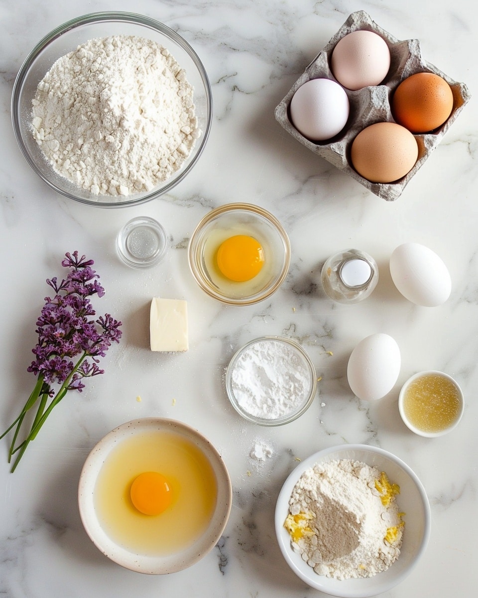 Single white plate showcasing one delicate lemon tart with a buttery, fluted pastry crust filled with smooth, glossy lemon curd, topped with perfectly piped swirls of pale lavender whipped cream accented by small edible purple flower petals, angled close-up emphasizing the creamy texture and crisp edges, placed on a white marble surface with natural lighting, styled like an elegant individual serving from a food blog, photo taken with an iphone --ar 4:5 --v 7