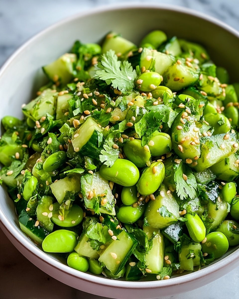 Large white serving bowl filled with a vibrant cucumber and edamame salad, featuring crisp diced cucumbers, bright green edamame beans, finely chopped fresh parsley, thin slices of red onion, all sprinkled generously with toasted sesame seeds, glistening under natural light, whole salad shown from a professional 3/4 angle on a white marble countertop, styled like a hero shot from a food magazine, photo taken with an iphone --ar 4:5 --v 7