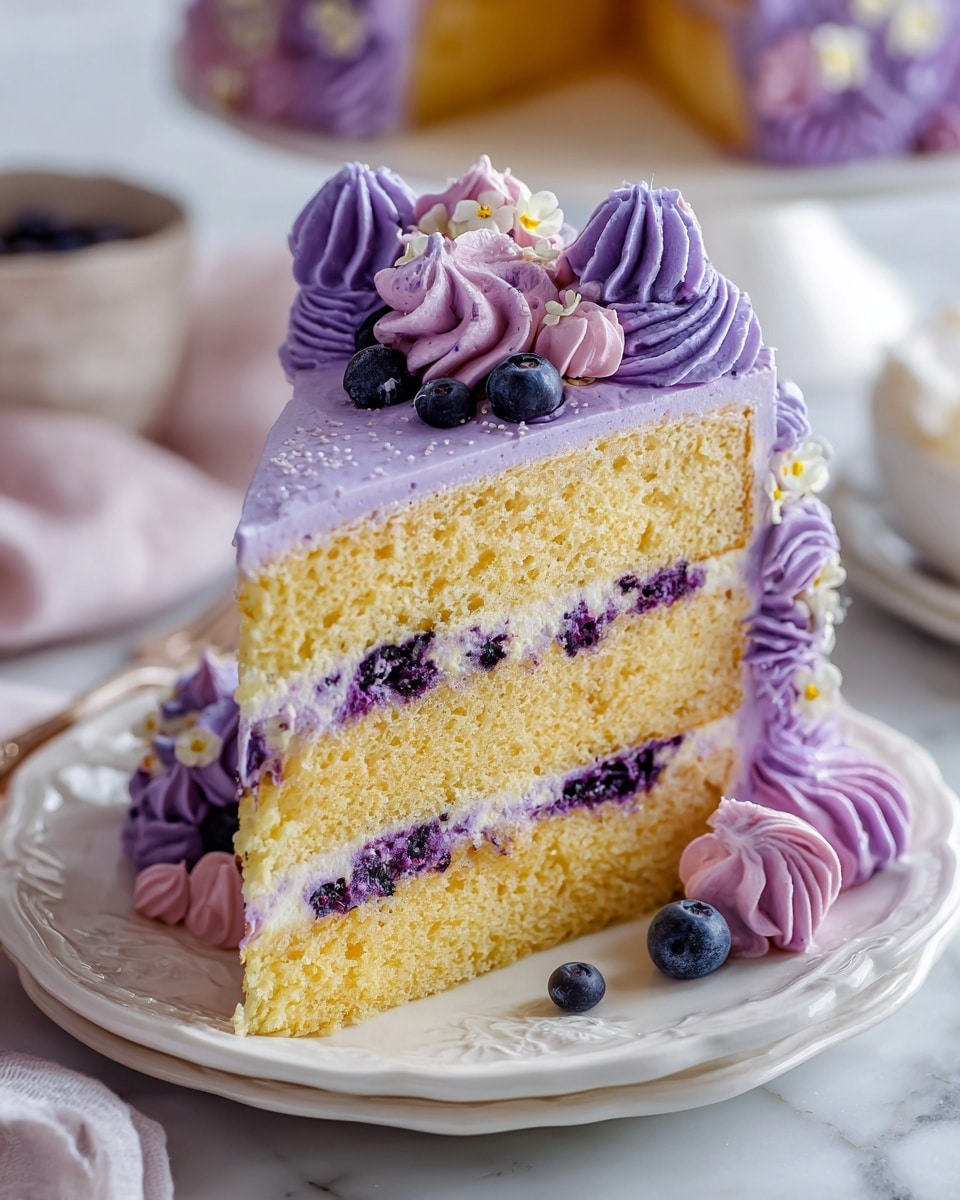 Entire round three-layer sponge cake covered in smooth lavender-colored frosting, beautifully decorated on top with intricate piped rosettes and swirls in matching shades of purple, garnished with whole dark berries and delicate edible flowers, presented on a pristine white cake stand, photographed from a 3/4 angle on a white marble surface with natural light, professional food styling photo taken with an iphone --ar 4:5 --v 7