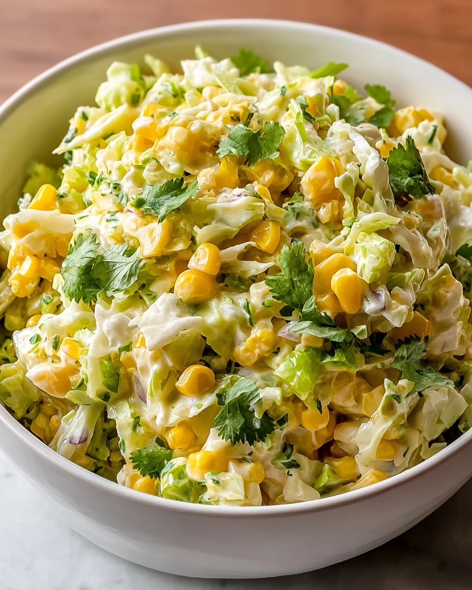 Large white serving bowl filled with vibrant and creamy corn salad, showcasing whole corn kernels, crisp diced celery, finely chopped red onion, freshly chopped cilantro, all coated in a smooth, rich dressing, garnished with fresh cilantro leaves, photographed at a 3/4 angle on a white marble countertop with natural lighting, professional food styling photo taken with an iphone --ar 4:5 --v 7