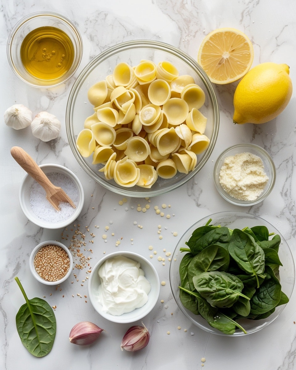 Single white plate with a close-up, generous portion of orecchiette pasta tossed in a vibrant green herb pesto sauce, featuring tender sautéed zucchini slices, fresh spinach leaves, and small pieces of ham, sprinkled with hemp seeds for added texture, natural lighting emphasizing the creamy sauce coating each pasta piece and the slight char on zucchini, arranged on a white marble surface, intimate plated serving photo taken with an iphone --ar 4:5 --v 7
