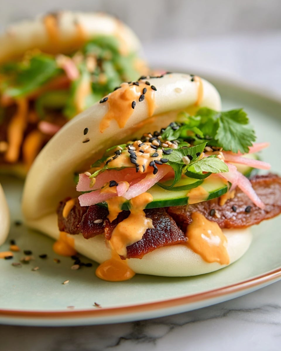 Three whole steamed bao buns on a large white plate, each filled generously with glossy, caramelized slices of marinated tofu, fresh julienned cucumber and green onions, pickled pink radish, and drizzled with vibrant orange spicy mayo sauce, topped with a sprinkle of black and white sesame seeds and fresh cilantro leaves, accompanied by a small white dish filled with mixed sesame seeds and fresh cilantro sprigs on a white marble countertop, natural lighting, professional food magazine style hero shot, photo taken with an iphone --ar 4:5 --v 7