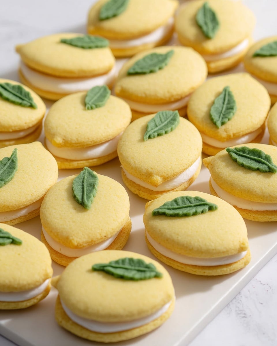 A large white rectangular platter filled with a neatly arranged assortment of lemon-shaped sandwich cookies, each composed of two soft yellow cookie halves with smooth white cream filling in between, decorated with small green leaf-shaped cookie accents on top, displaying the entire batch in a clean and appealing layout, shot from a 3/4 angle on a white marble countertop with natural light enhancing the textures, professional food styling photo taken with an iphone --ar 4:5 --v 7