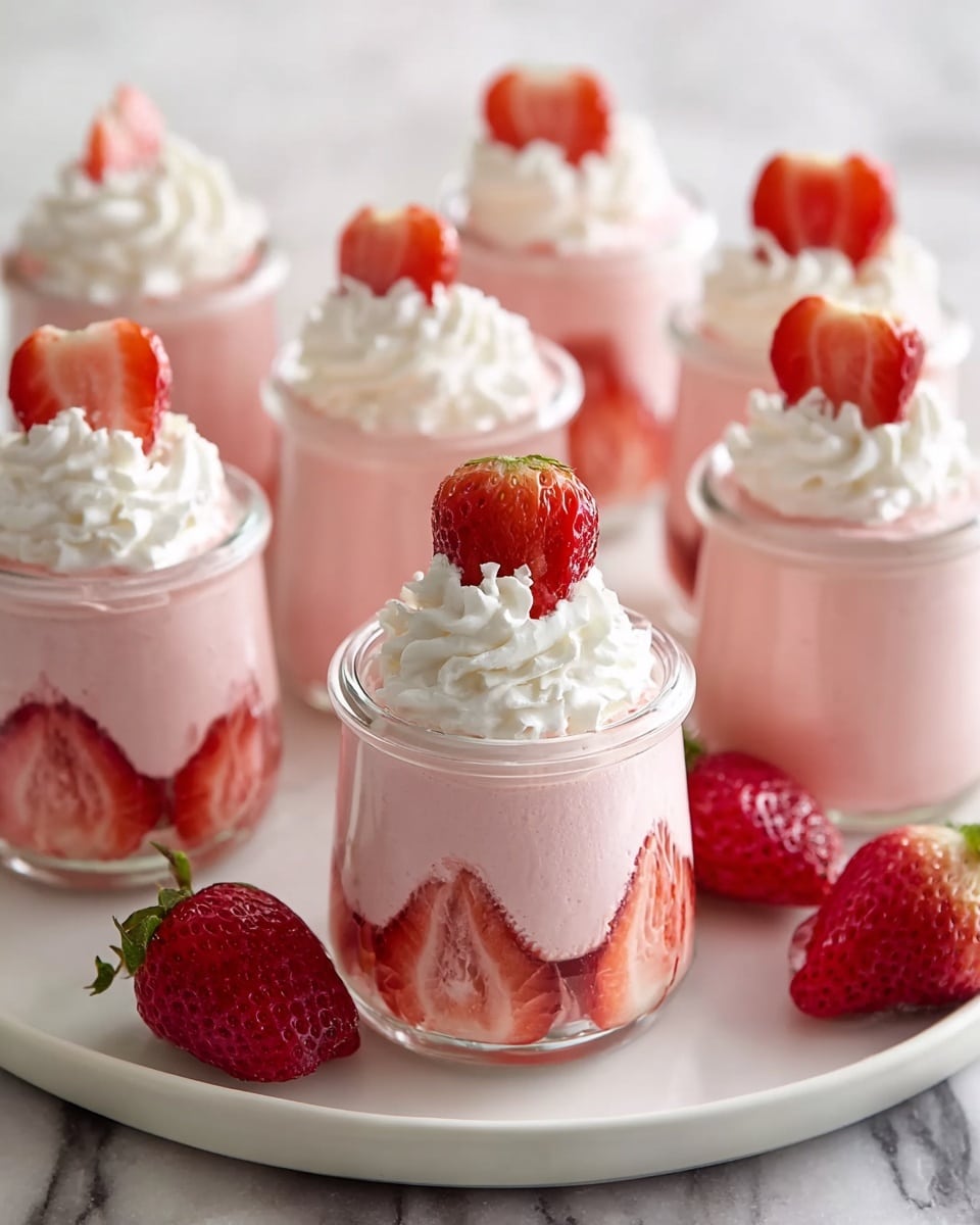 A large white serving platter featuring multiple small glass jars filled with creamy pink strawberry mousse, each jar decorated with whole sliced strawberries pressed against the glass and topped with generous swirls of whipped cream, surrounded by fresh whole strawberries for garnish, photographed from a 3/4 angle on a white marble countertop under natural lighting, styled like a hero shot from a food magazine, photo taken with an iphone --ar 4:5 --v 7