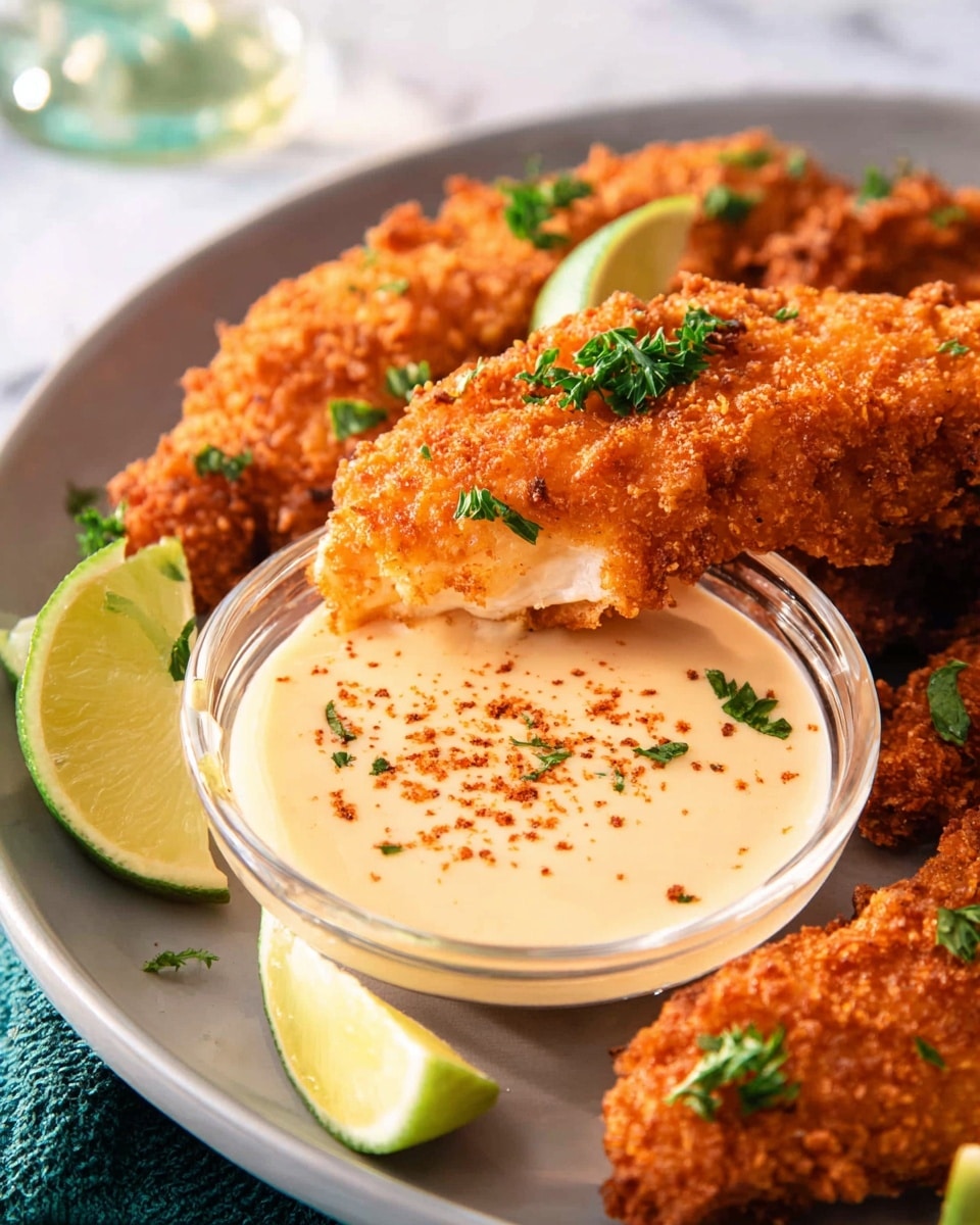Large white round platter featuring a whole serving of golden, crispy fried chicken tenders arranged in a circular pattern around a central glass bowl filled with creamy dipping sauce sprinkled with paprika and fresh parsley leaves, garnished with bright lime wedges and scattered fresh parsley, photographed from a 3/4 angle on a white marble background with natural lighting, professional food styling photo taken with an iphone --ar 4:5 --v 7
