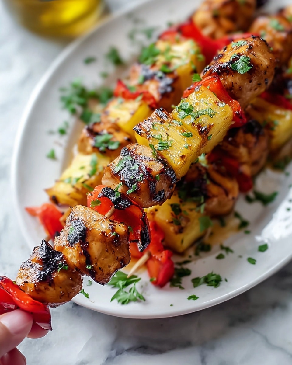 A large white oval platter filled with multiple grilled chicken and vegetable skewers arranged neatly, each skewer loaded with glazed chunks of chicken, vibrant red and green bell peppers, juicy pineapple pieces, and purple onion slices, all coated in a shiny, caramelized marinade and sprinkled with fresh chopped herbs. The platter is set on a white marble surface with natural light highlighting the colorful, glossy vegetables and tender chicken, presented as a complete, enticing feast. Photo taken with an iphone --ar 4:5 --v 7
