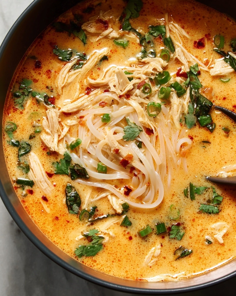 Large white bowl filled with creamy Thai-style coconut soup featuring tender shredded chicken, thick rice noodles, chopped green onions, and fresh cilantro leaves floating in a rich, orange-hued broth spiced with red chili flakes, whole dish viewed from a 3/4 angle on a white marble countertop, natural lighting, professional food magazine hero shot, photo taken with an iphone --ar 4:5 --v 7