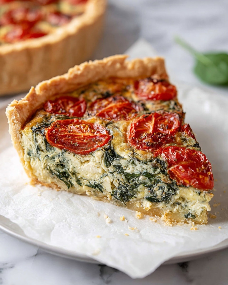 Whole white ceramic pie dish filled with a full, uncut spinach and cherry tomato quiche, showcasing a golden, flaky crust and evenly distributed roasted cherry tomatoes atop a creamy, herb-speckled spinach filling, presented on white parchment paper over a white marble countertop, natural lighting emphasizing the textures and colors, styled as a professional hero food shot photo taken with an iphone --ar 4:5 --v 7