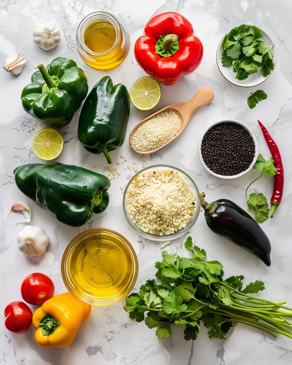 A single white plate with one stuffed poblano pepper half filled with a colorful mixture of quinoa, black beans, yellow corn, melted cheese, and fresh chopped cilantro, close-up angle emphasizing the textured filling and melted cheese on top, showing the pepper's slightly charred green skin and the moist, grain-studded interior, garnished with a sprinkle of cilantro on the side, placed on a white marble surface, natural lighting creating soft shadows, styled food blog serving photo taken with an iphone --ar 4:5 --v 7