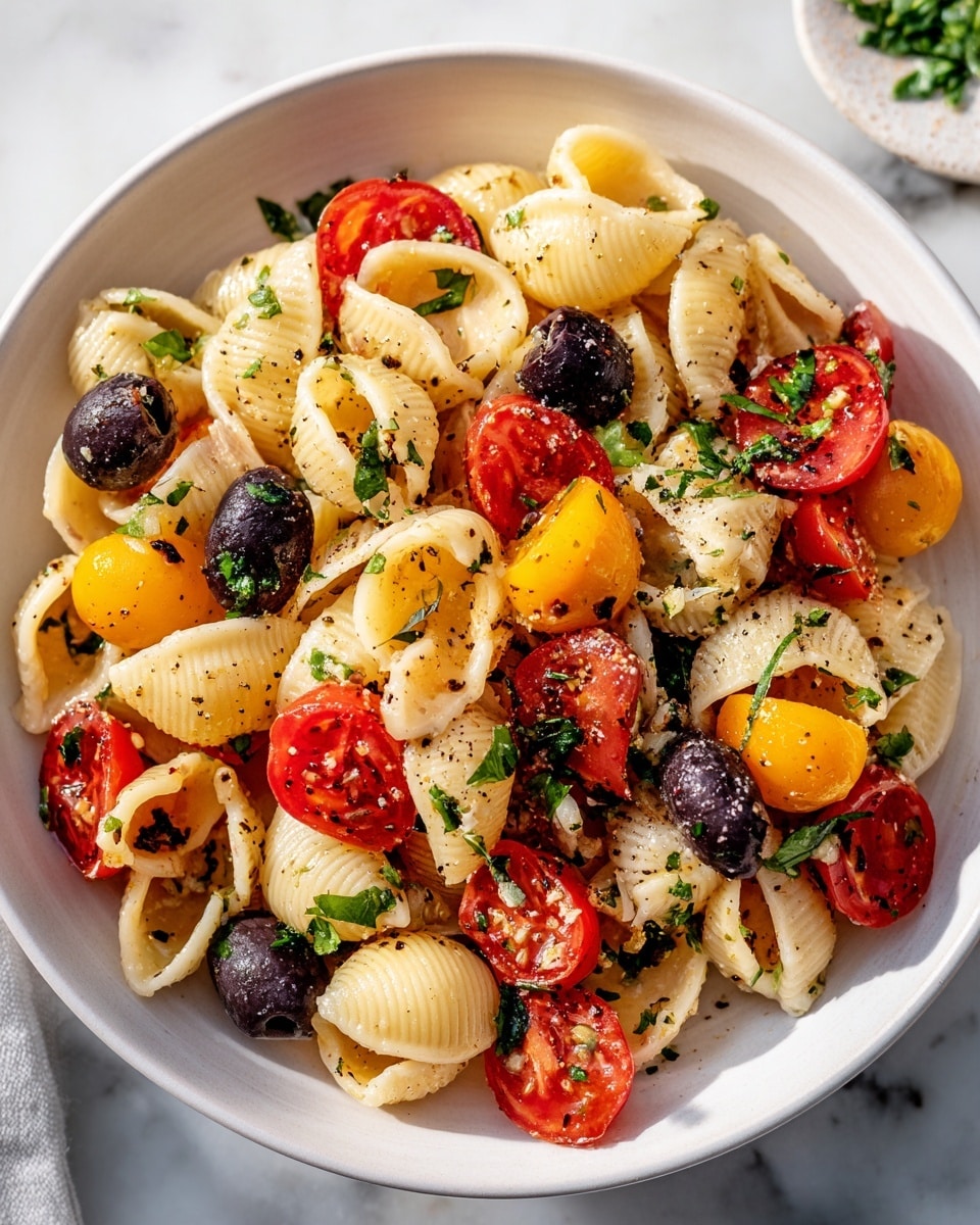 Large white bowl filled with vibrant shell pasta salad mixed with halved red and yellow cherry tomatoes, sliced black olives, and fresh chopped parsley, all lightly tossed with a glossy herb dressing and freshly ground black pepper, arranged to showcase the colorful and fresh ingredients, beautifully styled on a white marble countertop with natural lighting, photographed from a top-down 3/4 angle for a professional food magazine hero shot, photo taken with an iphone --ar 4:5 --v 7