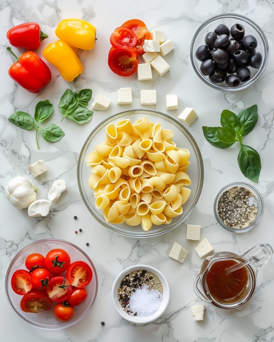 Single white round plate with one portion of Italian shell pasta salad showcasing glossy al dente pasta shells mixed with halved red and yellow cherry tomatoes, sliced black olives, and finely chopped parsley, close-up angle highlighting the vibrant colors, seasoning specks of cracked black pepper and herbs visible on the salad, natural light illuminating the fresh and textured ingredients on a white marble surface, styled intimate plated serving photo taken with an iphone --ar 4:5 --v 7