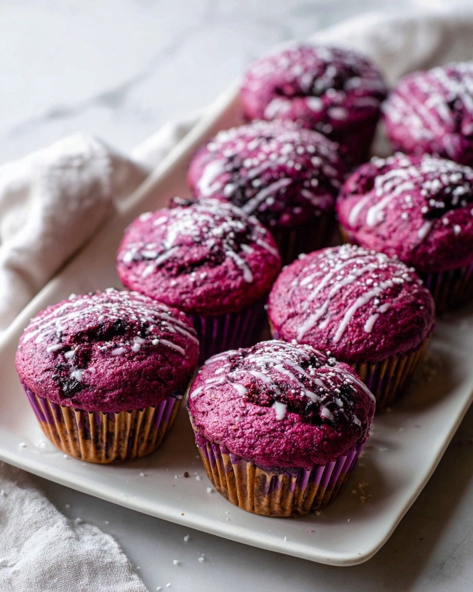 White rectangular platter filled with a complete set of freshly baked vibrant purple muffins, each topped with a delicate drizzle of light glaze and a light dusting of powdered sugar, arranged neatly in rows to showcase their fluffy, moist texture and deep color, natural lighting highlighting the rich hues and moist details, photographed from a 3/4 angle on a white marble countertop, professional hero food styling photo taken with an iphone --ar 4:5 --v 7