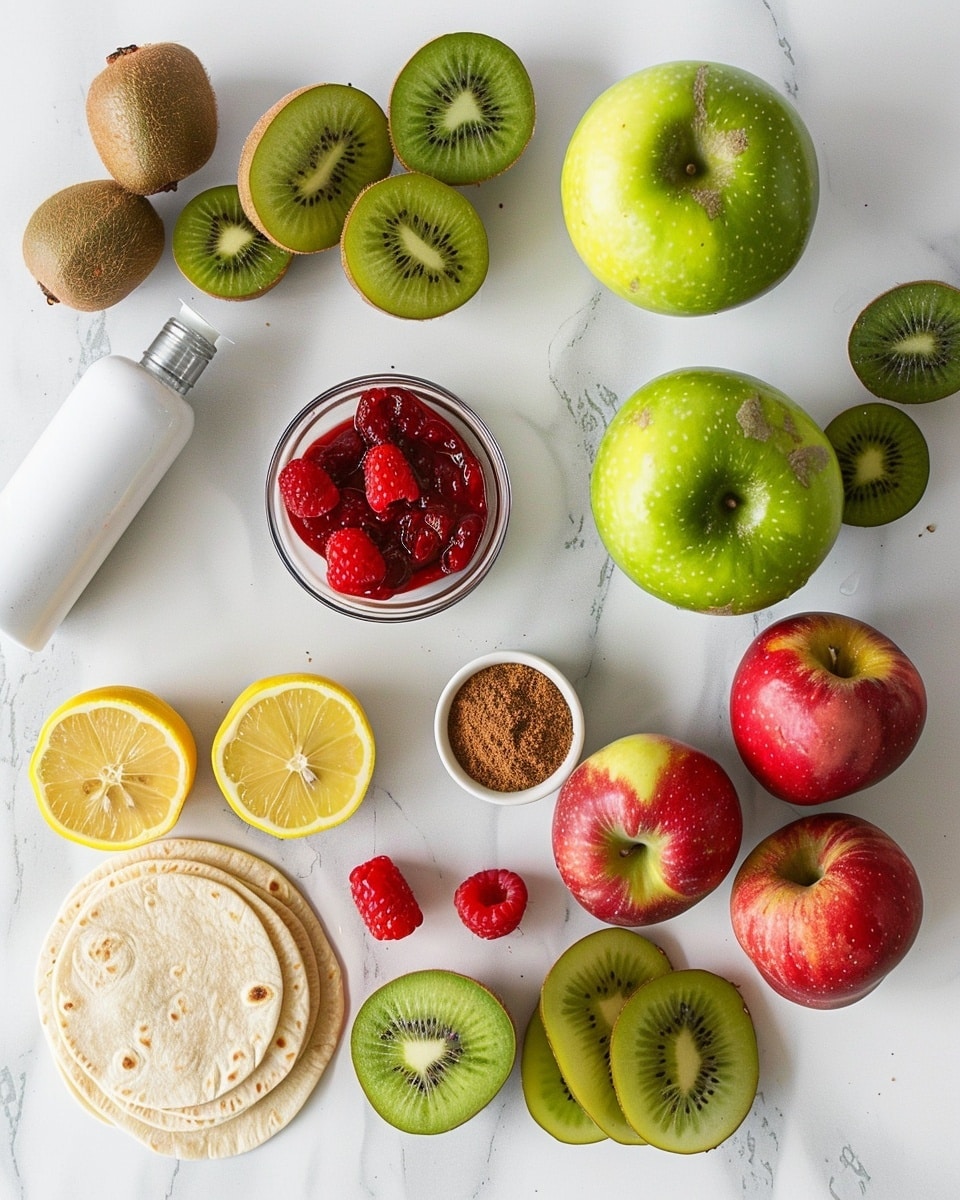 Single white bowl with a bright, colorful serving of fresh fruit salsa showing finely diced strawberries, kiwis, raspberries, and apples, glistening with natural juices, close-up angle emphasizing the varied textures and vibrant red and green hues, garnished with a small fresh mint leaf on top, placed on white marble surface with soft natural lighting, styled individual serving photo taken with an iphone --ar 4:5 --v 7