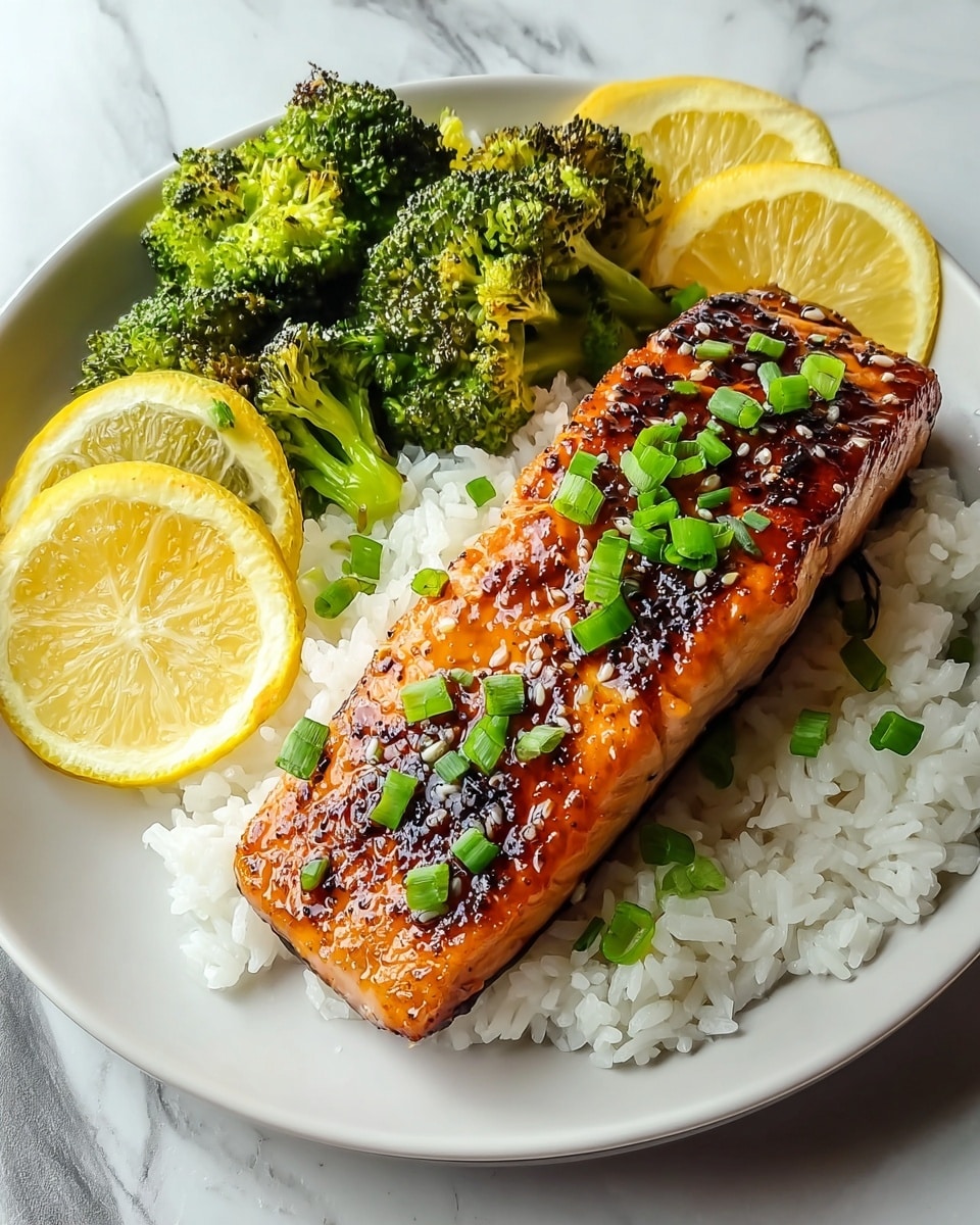 A large pristine white oval serving dish filled with multiple perfectly grilled salmon fillets, each with a beautifully caramelized glaze and garnished with freshly chopped green onions, arranged over a generous bed of fluffy white rice, accented by vibrant roasted broccoli florets and several bright lemon slices for a fresh pop of color, shot from a professional 3/4 angle on a white marble background with natural lighting, styled like a hero shot from a food magazine, photo taken with an iphone --ar 4:5 --v 7