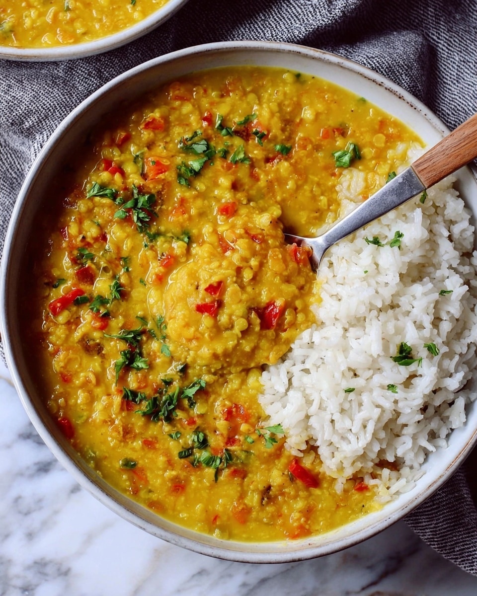 Large white saucepan filled with a vibrant, creamy yellow lentil curry cooked with diced tomatoes, onions, and scattered fresh cilantro leaves on top, showing a rich, steaming texture with visible spices and herbs, arranged on a white marble countertop, professional 3/4 angle food magazine style shot with natural lighting, photo taken with an iphone --ar 4:5 --v 7