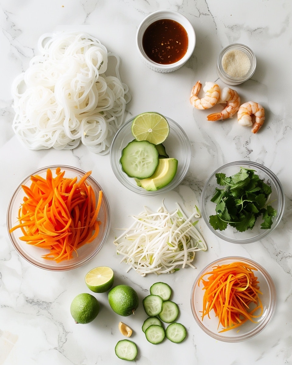 Single white bowl with a plated serving of vibrant shrimp noodle salad featuring a close-up view of tender shrimp nestled on a bed of thick noodles, topped with fresh sliced avocado, crisp julienned red bell peppers, crunchy shredded purple cabbage, and thin cucumber slices. Bright orange shredded carrots and sliced jalapeños add color and texture, all drizzled generously with a creamy, tangy peanut sauce, garnished with chopped cilantro. A fresh lime wedge rests on the side to add zest, presented on a white marble surface with natural lighting, styled like a food blog close-up photo taken with an iphone --ar 4:5 --v 7