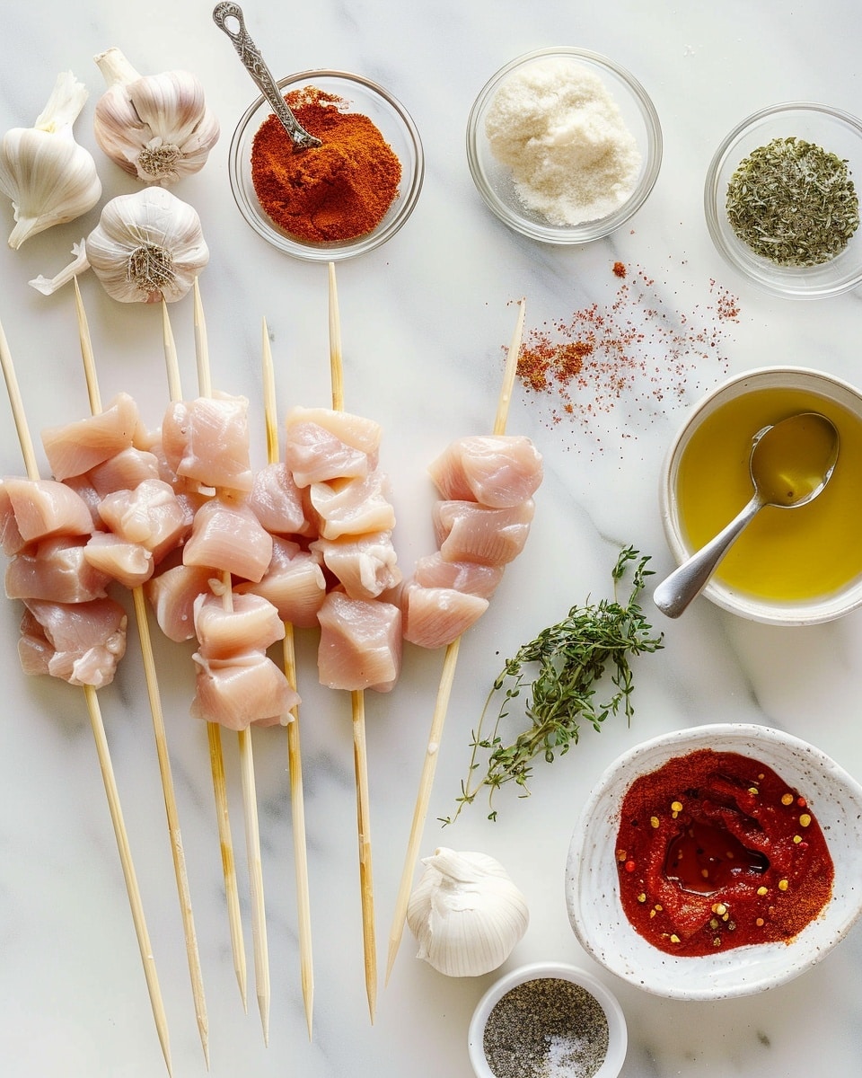 Single white plate featuring one grilled chicken skewer with tender, juicy, well-charred cubes of chicken coated in a creamy, glossy sauce, close-up angled shot revealing the moist interior and crispy caramelized edges, garnished with finely chopped herbs, placed on a white marble surface with natural lighting, styled as a ready-to-eat serving from a food blog, photo taken with an iphone --ar 4:5 --v 7