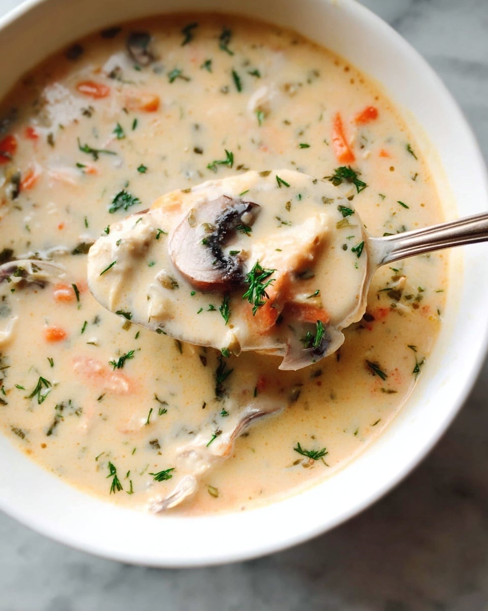 Large white serving bowl filled with creamy wild rice and mushroom soup, showcasing a rich broth speckled with sliced mushrooms, diced carrots, herbs, and rice grains, garnished with fresh chopped parsley, whole dish photographed in a professional overhead shot on a white marble countertop with natural lighting, styled like a hero shot from a food magazine, photo taken with an iphone --ar 4:5 --v 7